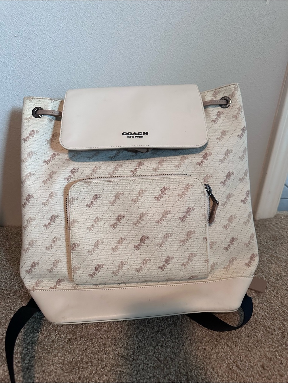 Coach Cream and Light Brown Signature Canvas Backpack with White Flap - Picture 4 of 4